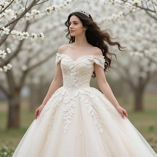 Photograph of a beautiful woman with long dark hair wearing an off-shoulder, lace-embellished white wedding gown and tiara, standing