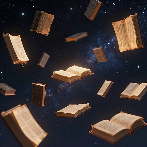 Digital artwork of glowing, floating open books in space with a starry, cosmic background, creating a mystical, ethereal atmosphere.