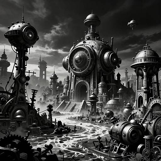 Black-and-white digital artwork of a futuristic, steampunk cityscape with towering, intricate mechanical structures, a cloudy sky, and small silhouet