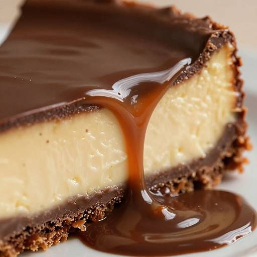 Photograph of a rich, chocolate-covered cheesecake slice with a creamy, yellow filling, topped with a glossy, caramel-like drizzle.