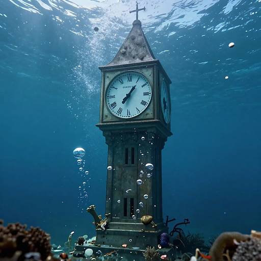Photograph of an underwater clock tower with bubbles, dark blue water, and coral in the foreground, illuminated by sunlight.
