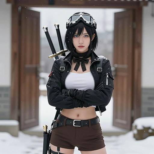 Cosplay Woman with Swords in Snow