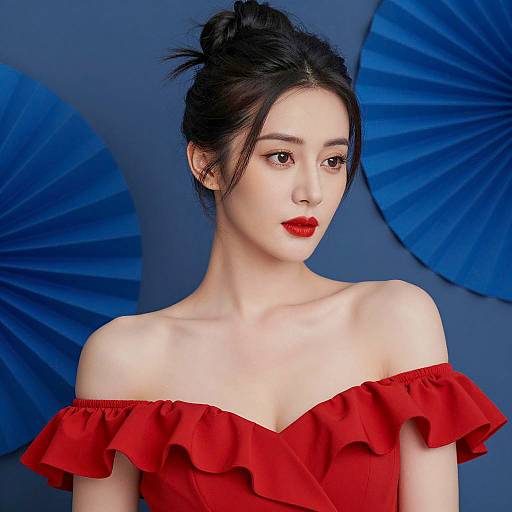 Asian Woman in Red Off-Shoulder Dress