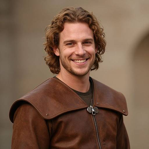 Smiling man in brown leather armor