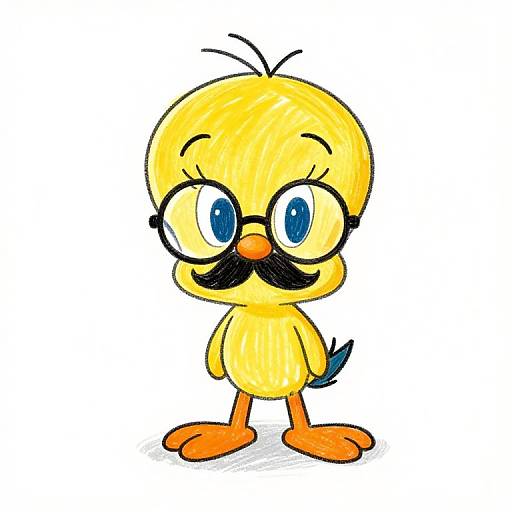 Cartoon yellow chick with blue eyes, black mustache, glasses, orange feet, and small blue tail, standing on white background.