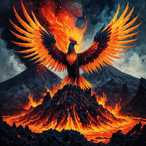 Surreal Phoenix Rising from Volcano