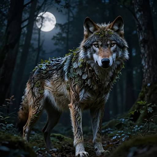 Photorealistic digital artwork of a wolf with moss and leaves on its fur, standing in a dark forest under a full moon.