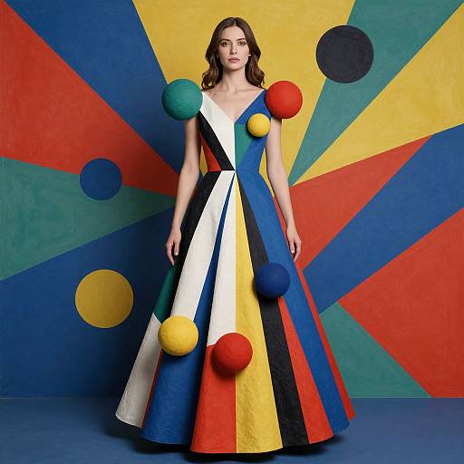 Photograph of a woman in a colorful, geometric, sleeveless dress with large pom-poms against a vibrant, abstract, radial-patterned background.