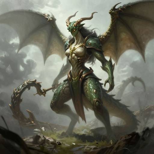 Digital painting of a muscular, green-scaled, dragon-like warrior with large wings, golden armor, and a spiked tail, standing in a misty