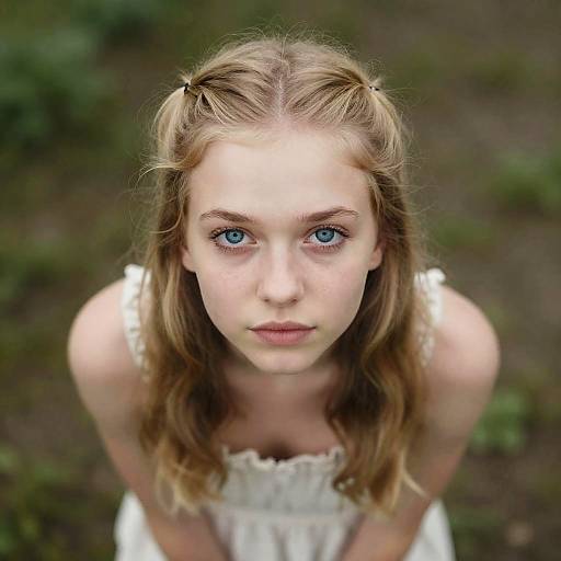 Photograph of a young blonde woman with blue eyes, wearing a white sleeveless dress, looking directly at the camera from a slightly upward angle in a