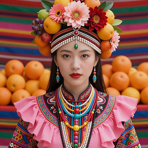 Asian Woman in Traditional Fruit Headdress and Colorful Attire