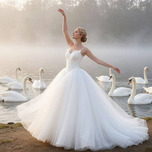 Photograph of a blonde bride in a white ballgown, arms raised gracefully, standing by a misty lake with swans.