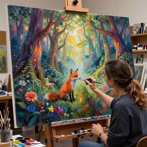 Photograph of a woman with brown hair painting a vibrant, colorful forest scene with a fox on an easel in an art studio.