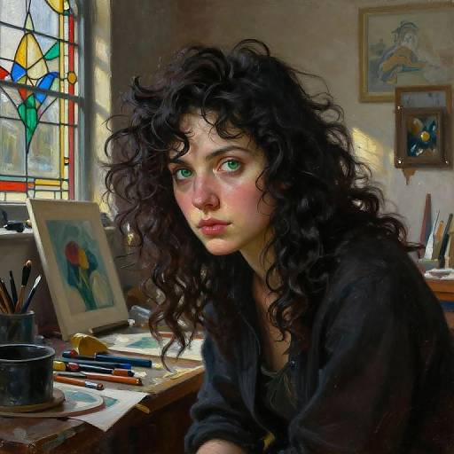Photorealistic digital painting of a young woman with curly black hair, green eyes, and fair skin, sitting at a cluttered art desk in a