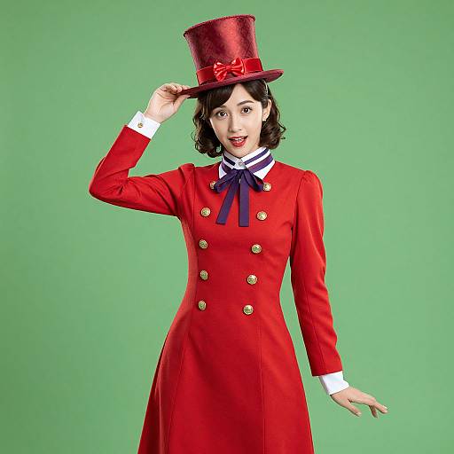 Photograph of a fair-skinned woman in a red, double-breasted coat with gold buttons, white cuffs, and blue ribbon, wearing a red