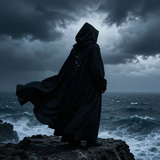 Silhouetted figure in a flowing dark cloak stands on rocky shore, facing stormy ocean under dramatic, cloud-filled sky. (Photograph)