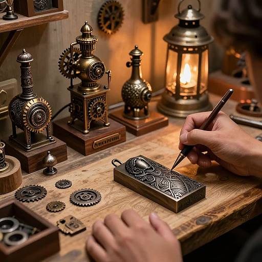 Photograph of hands engraving intricate designs on a brass box, surrounded by steampunk clockwork machines and warm-lit lanterns on a wooden