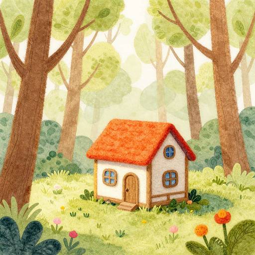 Watercolor Wooden House in Spring Forest