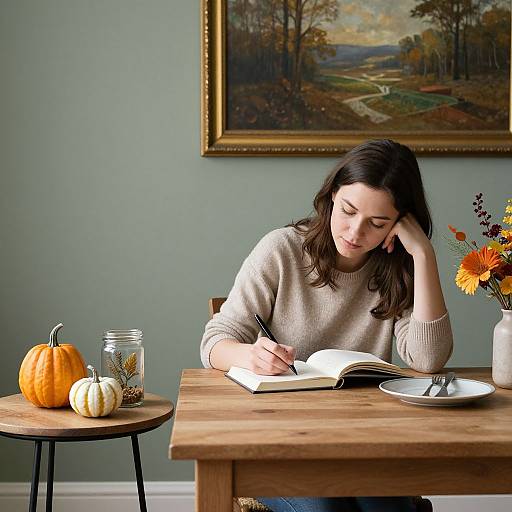 Photograph of a brunette woman in a beige sweater, writing in a book, with pumpkins, a glass jar, flowers, and painting on a