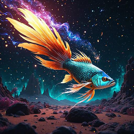 Radiant Phoenix-Fish Hybrid in Surreal Landscape