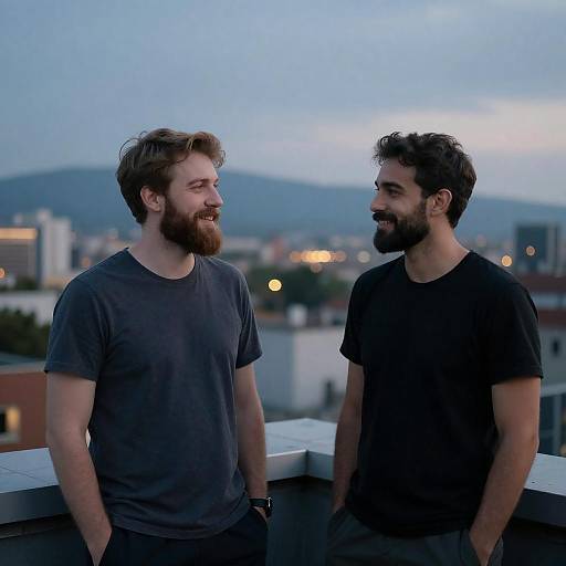 Dusk Rooftop Conversation Between Bearded Men