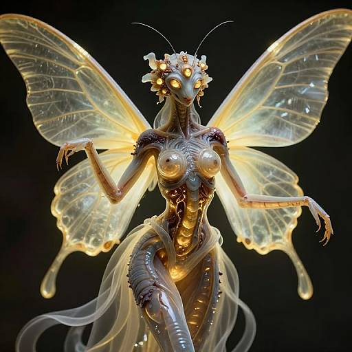 Digital artwork of a glowing, golden, insect-like fairy with translucent wings, large yellow eyes, and metallic, segmented body. Black background highlights her lum