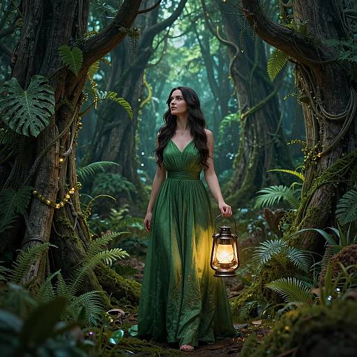 Photograph-style digital art: Dark-haired woman in green, V-neck dress holding lantern, stands in enchanted forest with ferns and glowing fairy lights.
