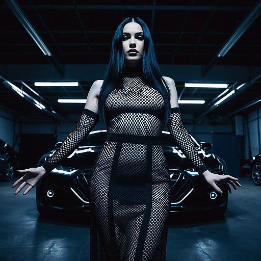Androgynous Model in Sheer Fishnet Dress in Dim Garage