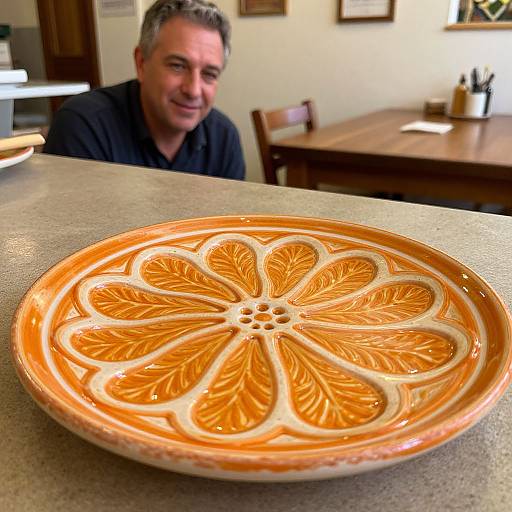 Photograph of a smiling middle-aged man with short gray hair, wearing a black shirt, behind a table with a detailed orange ceramic plate resembling a sliced