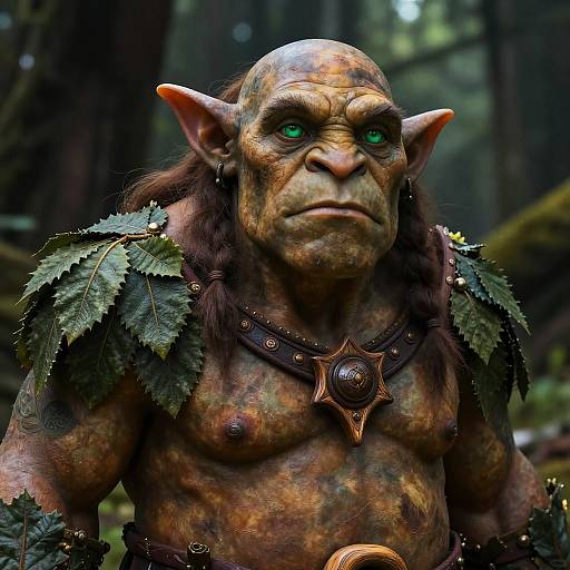 Photorealistic CGI orc with green eyes, bald with brown hair, leaf-covered shoulders, chest armor, standing in a forest, stern expression.