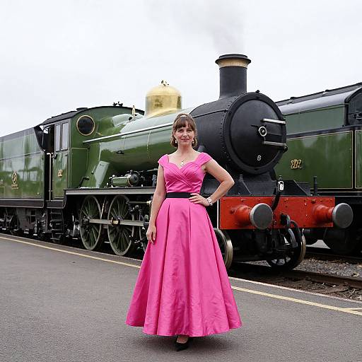 Photograph of a smiling woman in a bright pink, vintage-style ball gown standing beside a green steam locomotive on a railway platform.