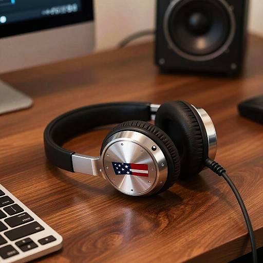 Photograph of a silver headphones with an American flag design on the front, resting on a wooden desk, next to a laptop and black speaker.