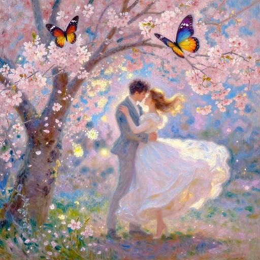 Whimsical painting of a couple dancing under cherry blossoms with two vibrant butterflies. The woman in a white dress, the man in a gray suit
