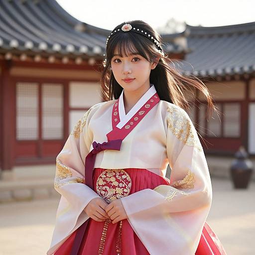 Photograph of a young Asian woman in traditional Korean hanbok with white and red embroidery, black hair adorned with a floral headpiece, standing in