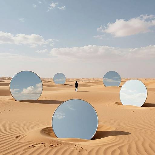 Photograph of a solitary figure in a desert with five large, circular, reflective disks embedded in the sand under a bright blue sky with scattered clouds.
