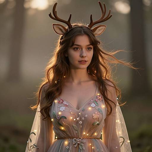 Photograph of a young woman with long brown hair, deer antlers headband, and glowing fairy lights in a sheer, floral-embroidered