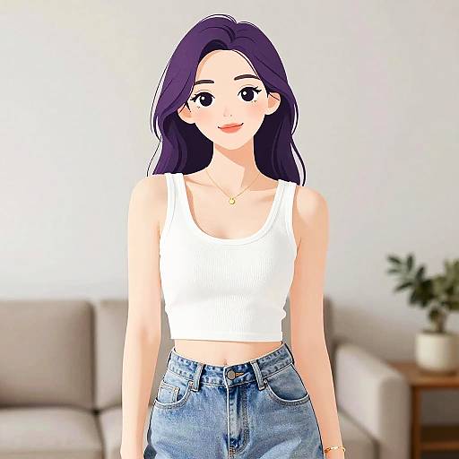 Digital anime-style drawing of a smiling woman with long purple hair, wearing a white tank top and high-waisted blue jeans, standing in a minimalist