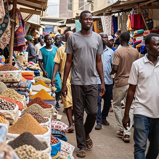Photograph of a bustling African market with diverse men, colorful spices, and textiles, central black man in gray t-shirt smiling.
