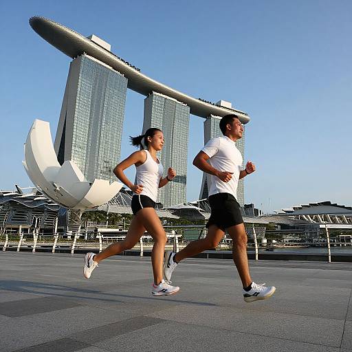Photograph of a fit woman and man jogging in front of Singapore's Marina Bay Sands hotel against a clear blue sky. Both wear white tops and black