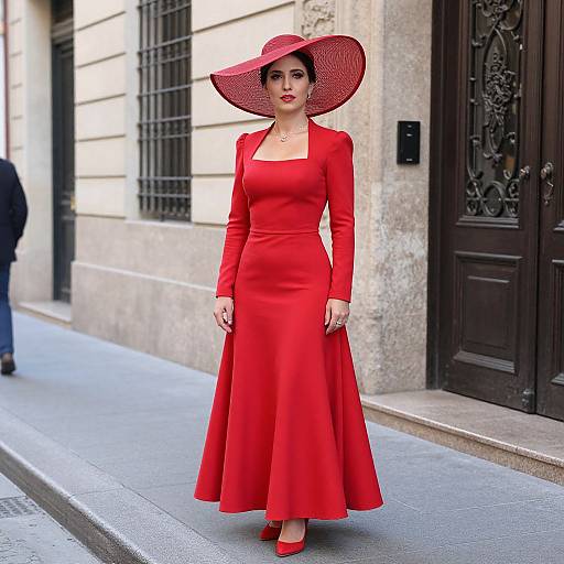 Photograph of a woman in a vibrant red, long-sleeve, floor-length dress and matching wide-brimmed hat, standing on a city