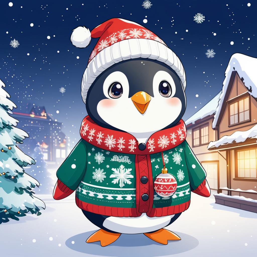 Festive Anime Penguin in Holiday Sweater