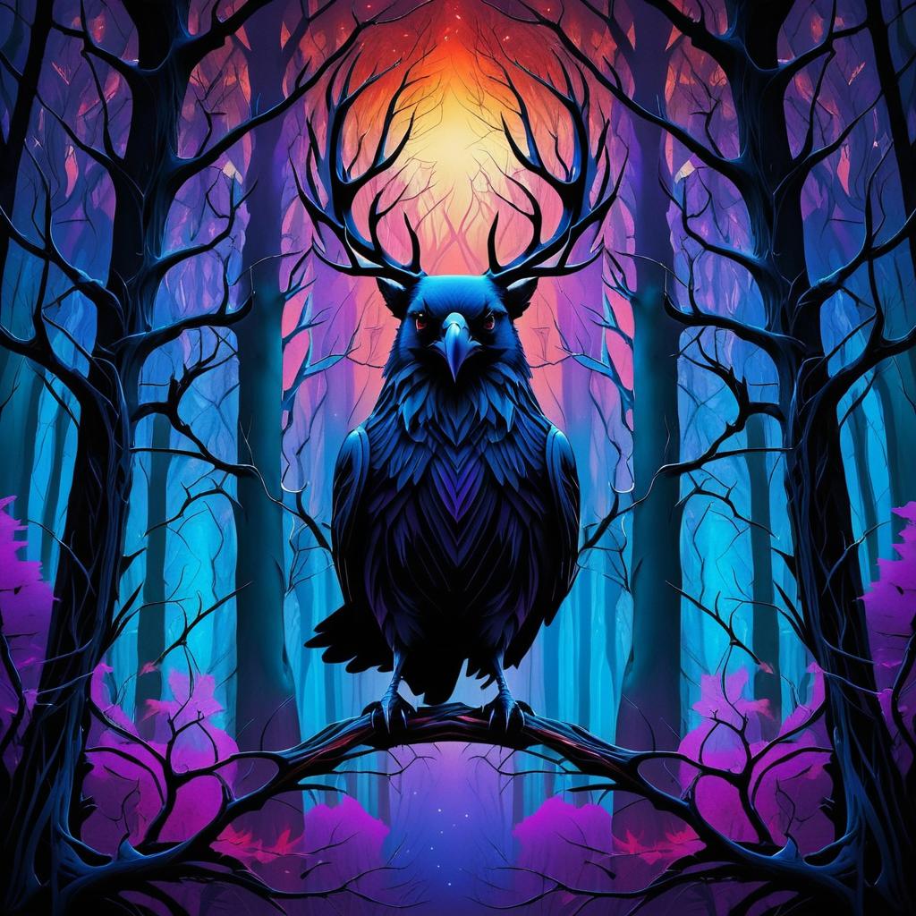 Symmetrical Forest Scene with Striking Raven