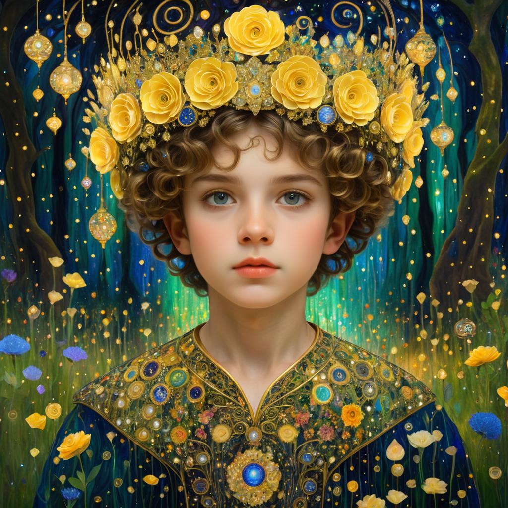 Whimsical Boy in Enchanted Klimt Forest