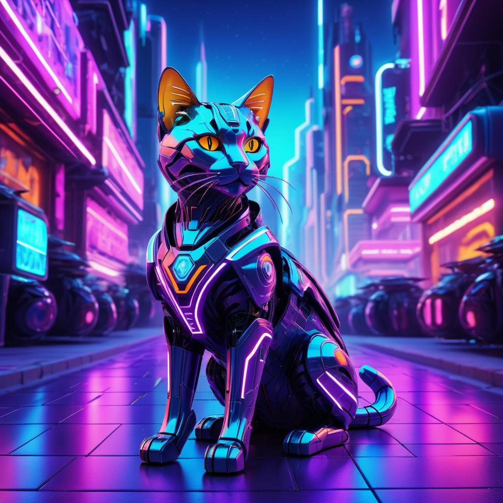 Vibrant Cyberpunk Robotic Cat Portrait