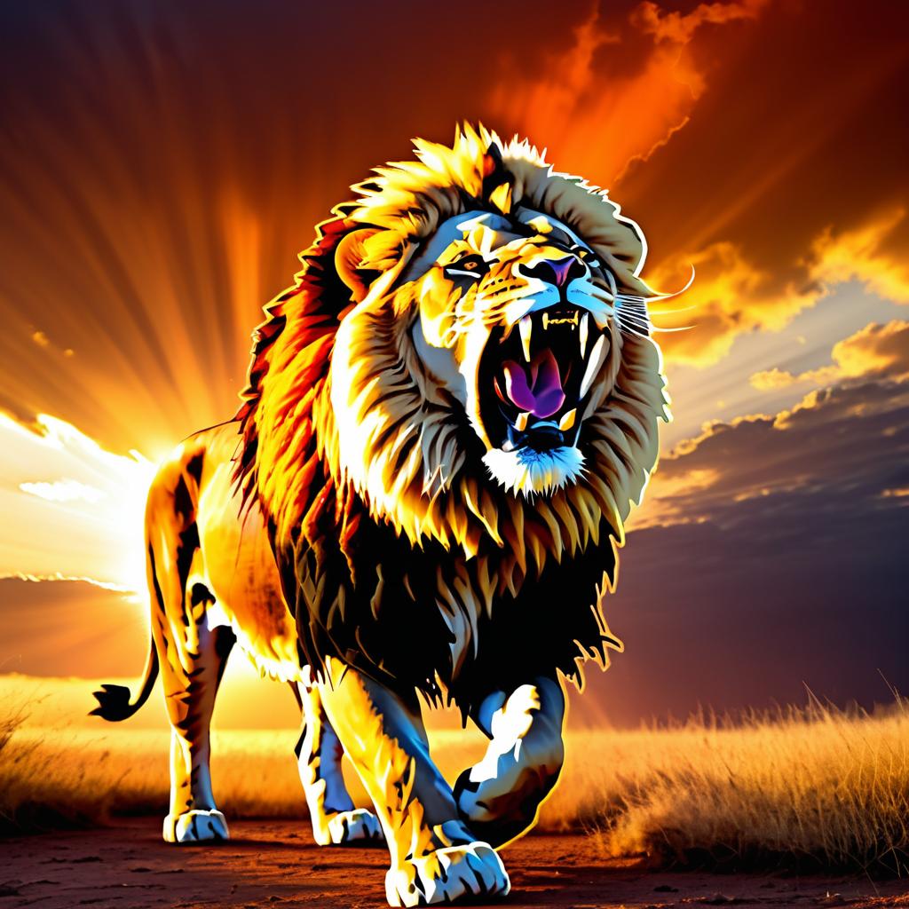 Fierce Lion Under Fiery African Sunset