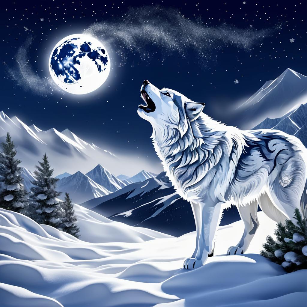 Mystical Snowy Mountain Wolf Howling Scene