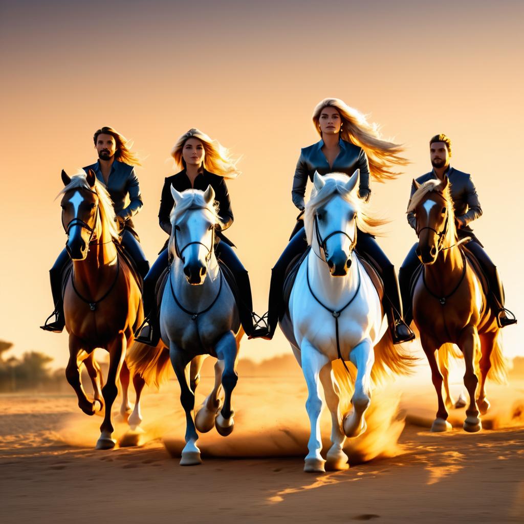 Majestic Sunset: Riders on Andalusian Horses