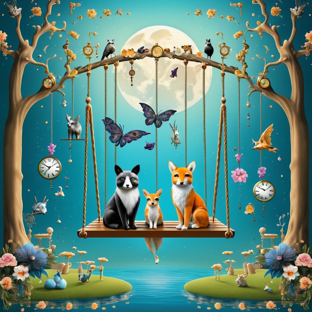 Surreal Animals Swinging in Fantasy World