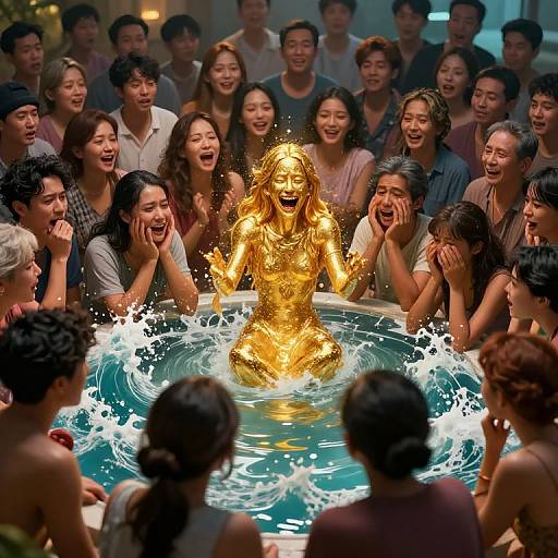 Photograph of a golden Buddha statue splashing water, surrounded by laughing, diverse Asian crowd in dim, warmly lit room.