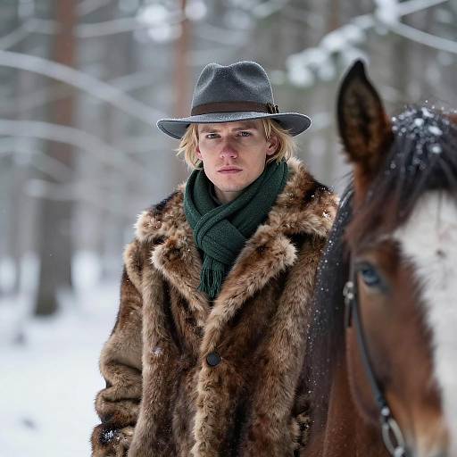 Man in Fur Coat with Horse in Snowy Forest